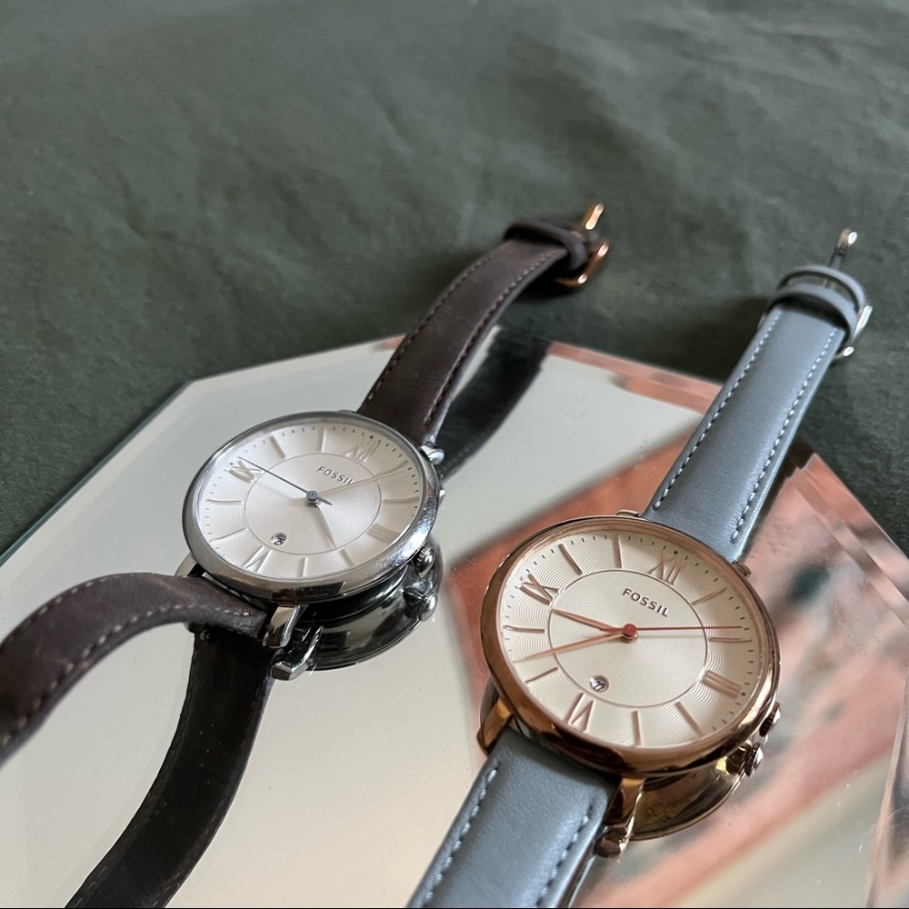 fossil • two jacqueline watches (rose gold and silver)